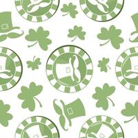 seamless pattern with leprechaun hat and green chips with hat prints arranged randomly, for holiday designs for St. Patrick's Day vector