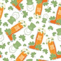 seamless pattern with boot shaped glasses with leprechaun face print with wheat beer and shamrock leaves arranged randomly, st patrick's day design vector
