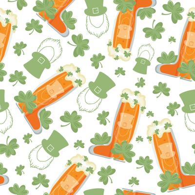 seamless pattern with boot shaped glasses with leprechaun face print with wheat beer and shamrock leaves arranged randomly, st patrick's day design
