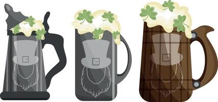 set of assorted mugs in various materials with leprechaun beer and shamrock print for a variety of designs for St. Patrick's Day vector