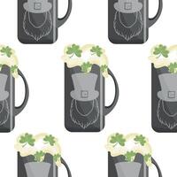 pattern with metal rectangle mugs with leprechaun face print with wheat beer and shamrock leaves, st patrick's day design vector