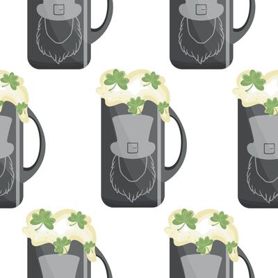 pattern with metal rectangle mugs with leprechaun face print with wheat beer and shamrock leaves, st patrick's day design