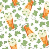 seamless pattern with long glasses with leprechaun face print with wheat beer and shamrock leaves arranged randomly, st patrick's day design vector
