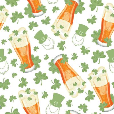 seamless pattern with long glasses with leprechaun face print with wheat beer and shamrock leaves arranged randomly, st patrick's day design