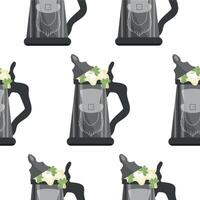pattern with metal mugs with leprechaun face print with wheat beer and shamrock leaves, st patrick's day design vector