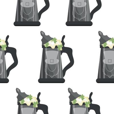 pattern with metal mugs with leprechaun face print with wheat beer and shamrock leaves, st patrick's day design