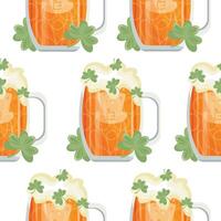 pattern with leprechaun face print round glasses with wheat beer and shamrocks, st patrick's day design vector