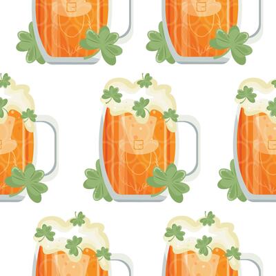 pattern with leprechaun face print round glasses with wheat beer and shamrocks, st patrick's day design