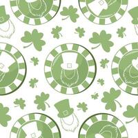 seamless pattern with a bearded leprechaun face and green leprechaun print chips arranged randomly, for holiday designs for St. Patrick's Day vector
