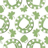 seamless pattern with poker green chips with prints of round beer glasses and shamrocks and mugs of beer arranged randomly for various holiday designs vector