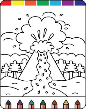 An image of a coloring page with a volcano and trees vector