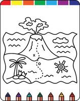 A coloring page with a volcano and palm trees vector