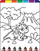 A coloring page with a dragon and mountain vector