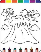 A coloring page with two fairies flying over a volcano vector