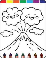 A coloring page with two smiling clouds and a mountain vector