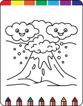A coloring page with a volcano and clouds vector