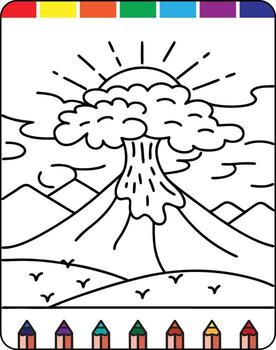 A coloring page with a volcano and clouds vector