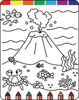 An image of a coloring page with a volcano and fish vector