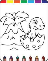 A dinosaur coloring page with a volcano and a tree vector