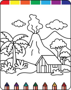 An image of a coloring page with a volcano and trees vector