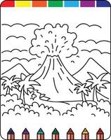 A coloring page with a volcano and palm trees vector