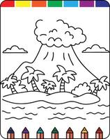 An island coloring page with a volcano and palm trees vector