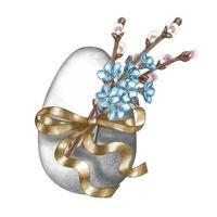Easter egg decorated with a golden ribbon bow, willow twigs and forget-me-nots. watercolor illustration. Highlight it. For making greeting cards and invitations for Easter. For packaging. vector