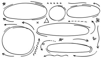 Hand drawn doodle style collection of arrows, circles and shape collection. vector