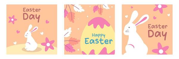 Set of Happy Easter Day greeting card with eggs and bunnies illustration on orange background for social media, banner and poster. vector