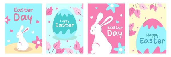 Set of vertical Happy Easter Day greeting card with eggs and bunny illustration on colorful background for banner and poster. vector