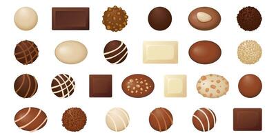 Chocolate pralines candies top view isolated collection graphic illustration. vector