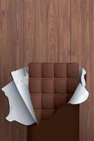 Wrapped chocolate bar was unwrapped and there was a chocolate bar inside placed on wooden vertical background graphic illustration have blank space. vector