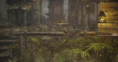 Rustic wooden post with tools and greenery in tranquil countryside setting video