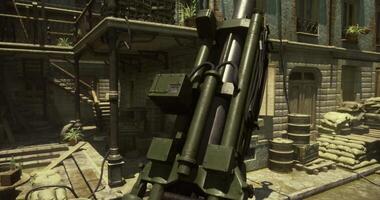 Detailed view of artillery in an urban setting with historical architecture video