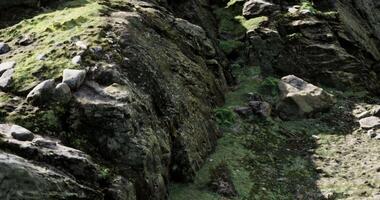Rocky terrain covered in moss near a cliff in a scenic natural landscape video