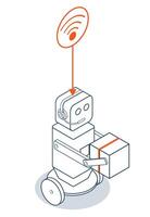 An autonomous wheeled robot delivers cardboard packages straight to customers doorsteps, showcasing modern automated courier technology for a smarter retail delivery experience. vector