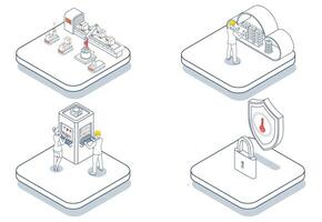 Smart Industry 4.0 transforms manufacturing by combining IoT, AI, cybersecurity, robots, big data and cloud computing for automated production. vector