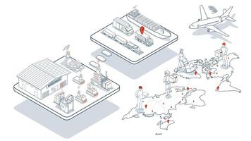 Autonomous Robots in Logistics. Streamlining product delivery from suppliers to customers through automated warehouse operations, trucks, and forklifts. vector