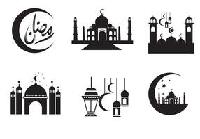 A minimalist black and white illustration themed around Ramadan. It features a mosque silhouette with domes and minarets, adorned with hanging Islamic lanterns and decorative stars vector