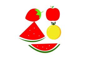 Minimalist and colorful fruit icon set featuring watermelon, strawberry, apple, and orange. Perfect for food-related designs, branding, packaging, or digital graphics. vector