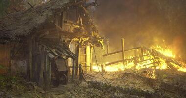 Fire consumes an abandoned hut in a forest setting during the evening video