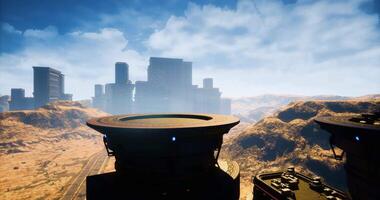 Landscape view of futuristic buildings under a cloudy sky in a desert area video