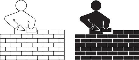 bricklayer building a wall icon. The figure is holding a trowel and placing a brick, representing a construction worker or mason vector