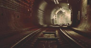 tren pistas líder dentro un tenuemente iluminado túnel en un subterráneo ferrocarril sistema video