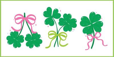 Set of Coquette St Patricks Day 4 Leaf Clover with Bow Retro Girly Whimsical Banner vector