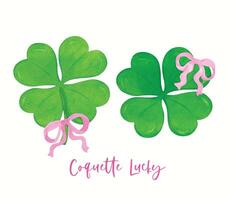 set of Coquette St Patricks Day Retro four Leaf Clover with Pink Bow Whimsical watercolor vector