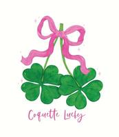 Coquette St Patricks Day Retro four Leaf Clover with Pink Bow Girly Lucky Whimsical watercolor vector