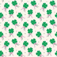 Retro St Patricks Seamless Pattern Day 4 Leaf Clover with Bow Girly wallpaper isolated on background vector