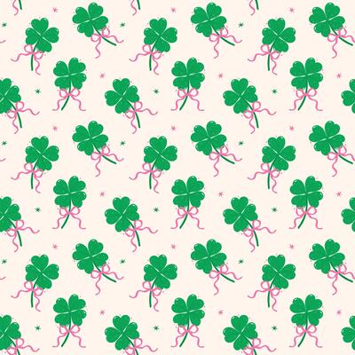 Retro St Patricks Seamless Pattern Day 4 Leaf Clover with Bow Girly wallpaper isolated on background