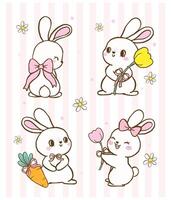 Pastel Coquette Spring Bunny, Cute Happy Easter Rabbit Cartoon Hand Drawn Illustration set. vector